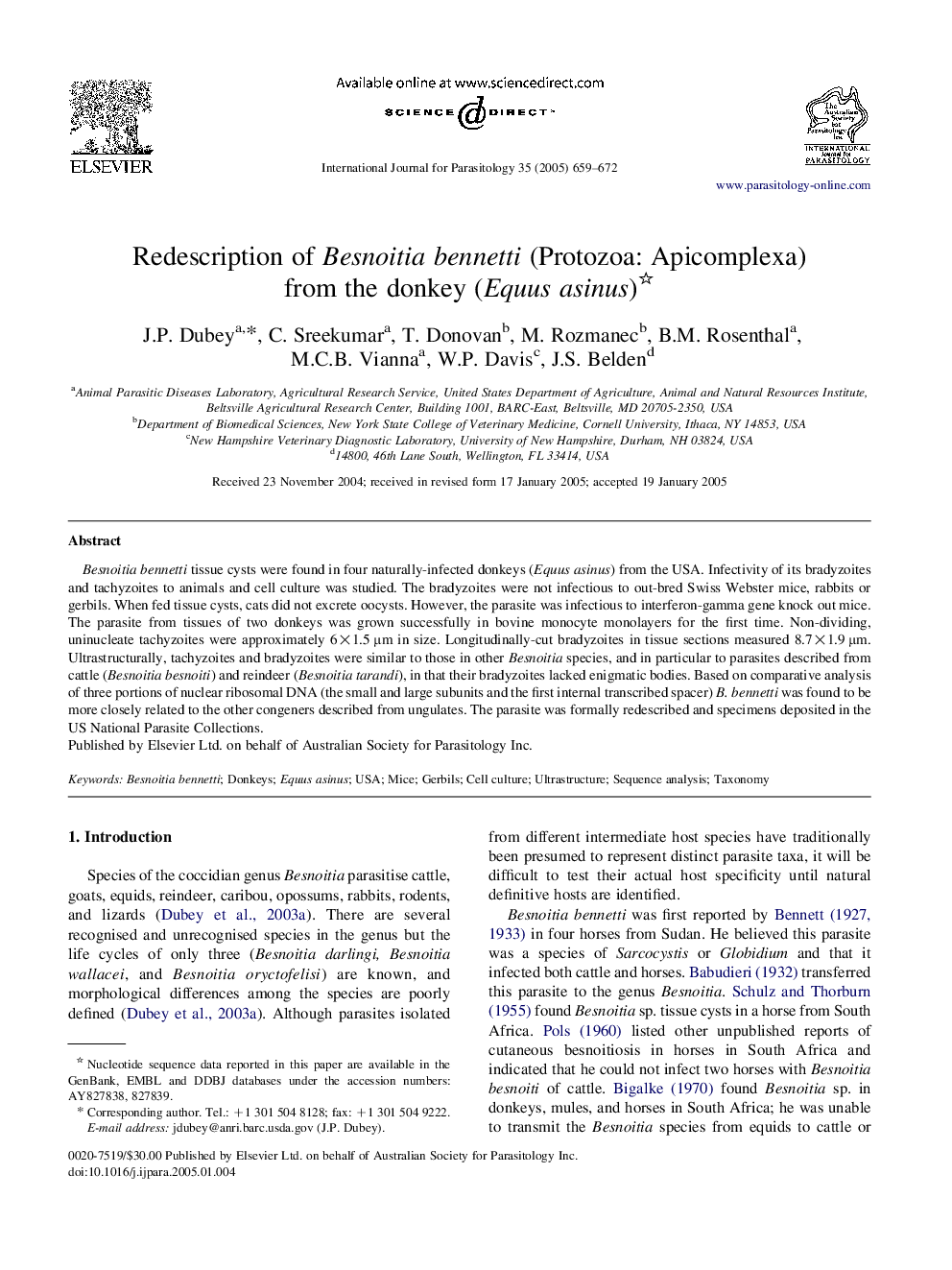 Redescription of Besnoitia bennetti (Protozoa: Apicomplexa) from the donkey (Equus asinus)