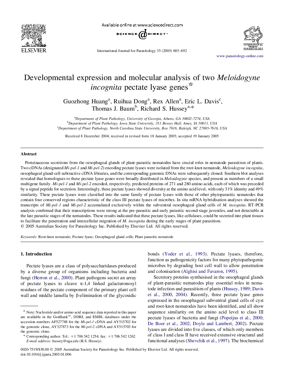 Developmental expression and molecular analysis of two Meloidogyne incognita pectate lyase genes