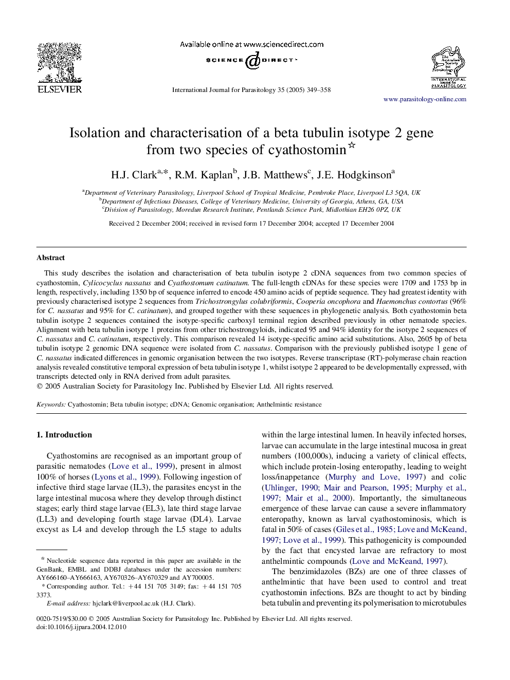 Isolation and characterisation of a beta tubulin isotype 2 gene from two species of cyathostomin