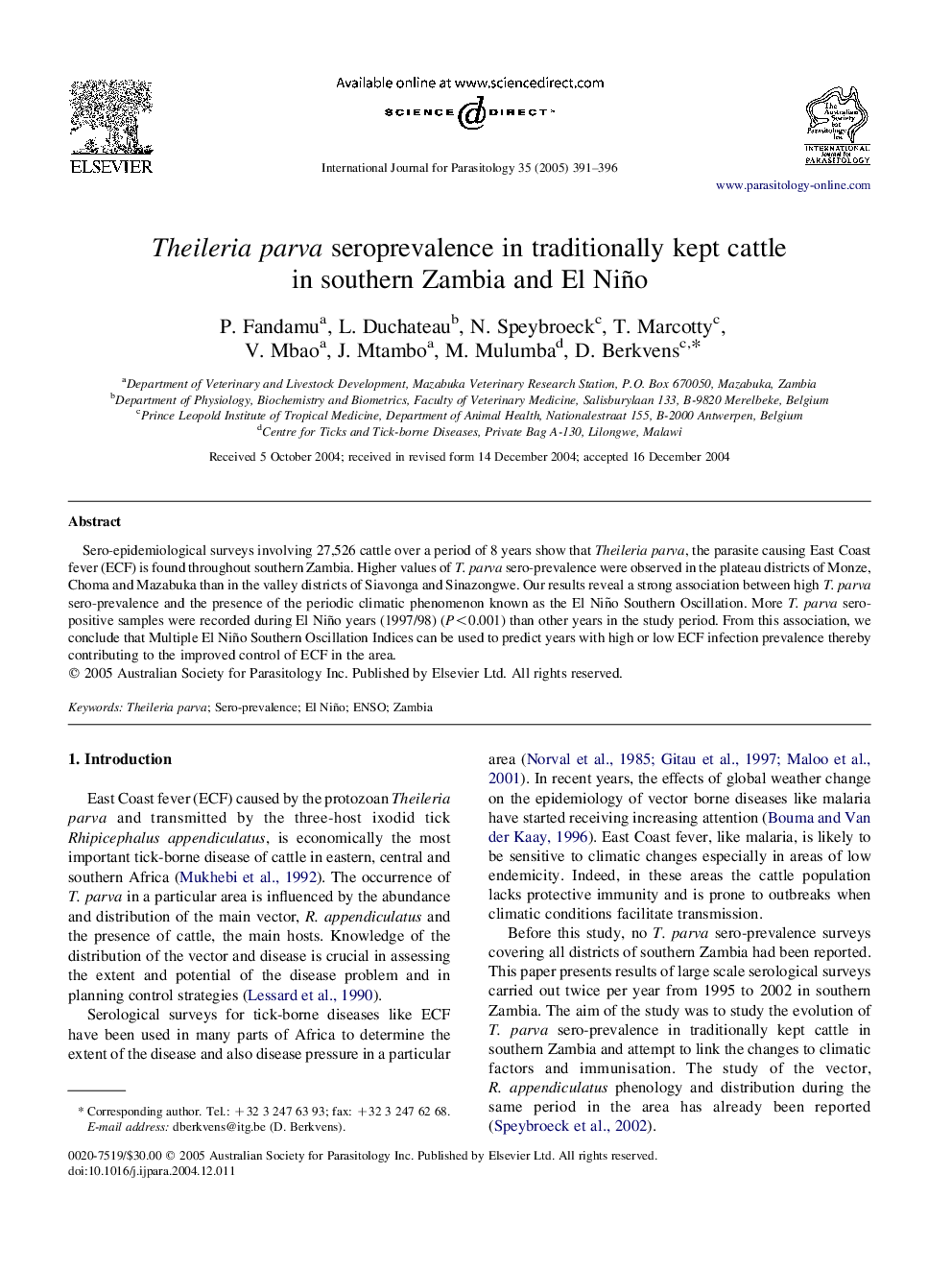 Theileria parva seroprevalence in traditionally kept cattle in southern Zambia and El Niño