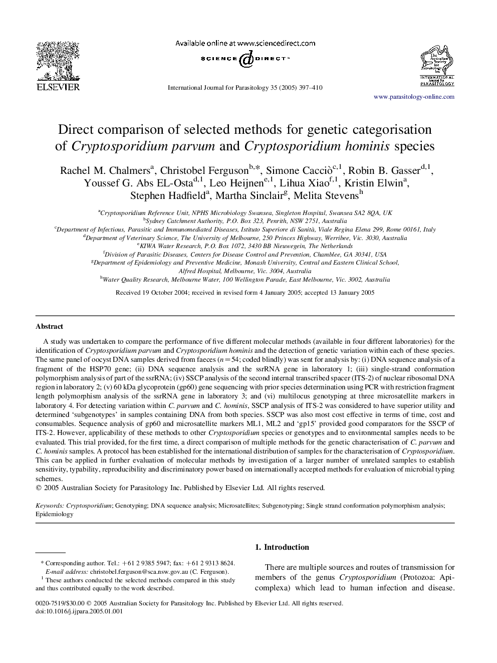 Direct comparison of selected methods for genetic categorisation of Cryptosporidium parvum and Cryptosporidium hominis species