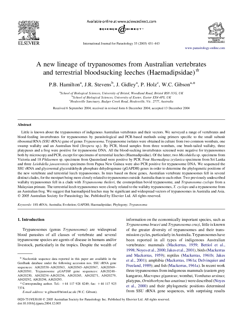 A new lineage of trypanosomes from Australian vertebrates and terrestrial bloodsucking leeches (Haemadipsidae)