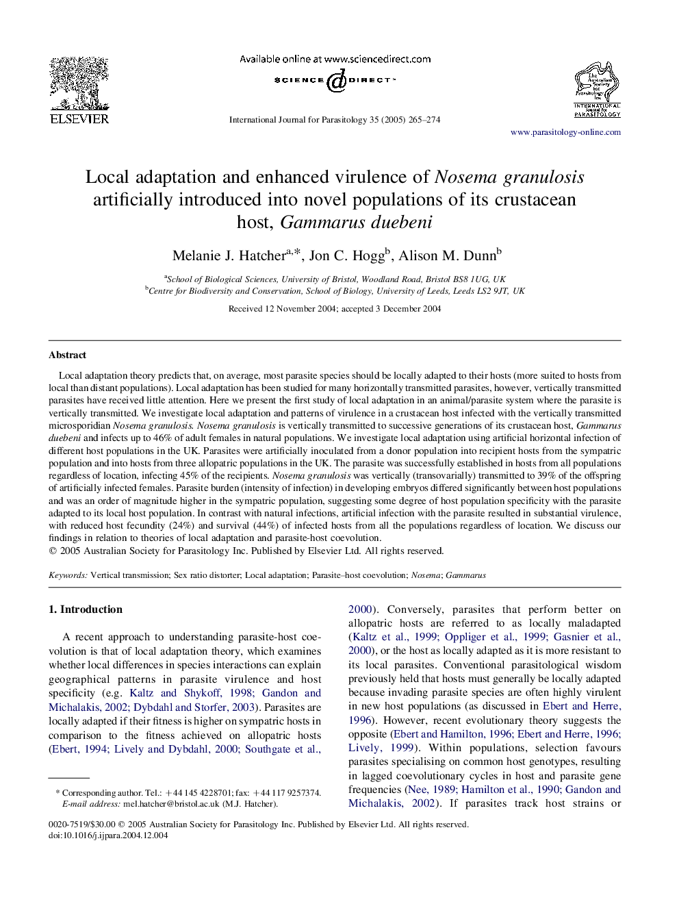 Local adaptation and enhanced virulence of Nosema granulosis artificially introduced into novel populations of its crustacean host, Gammarus duebeni