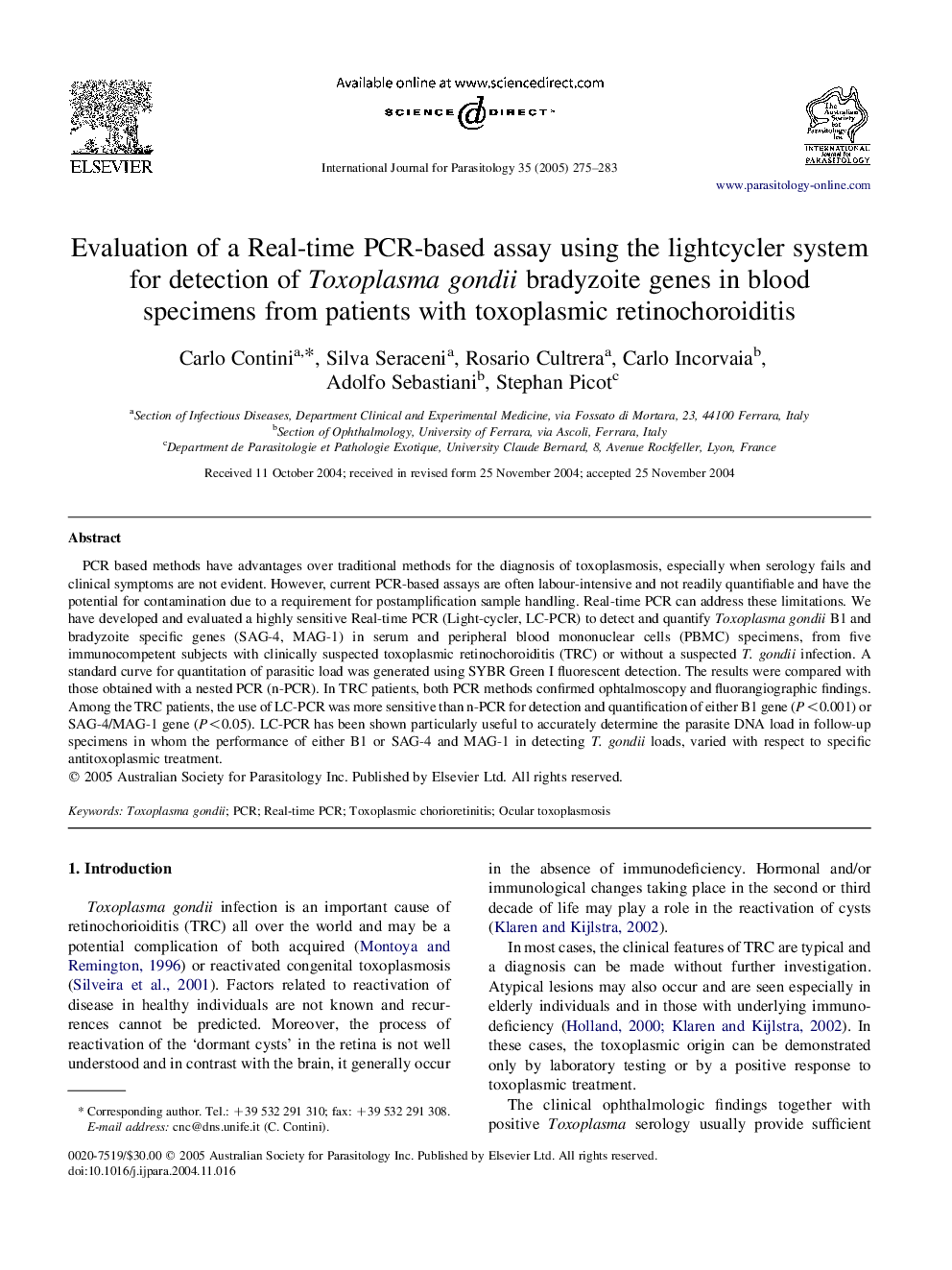 Evaluation of a Real-time PCR-based assay using the lightcycler system for detection of Toxoplasma gondii bradyzoite genes in blood specimens from patients with toxoplasmic retinochoroiditis