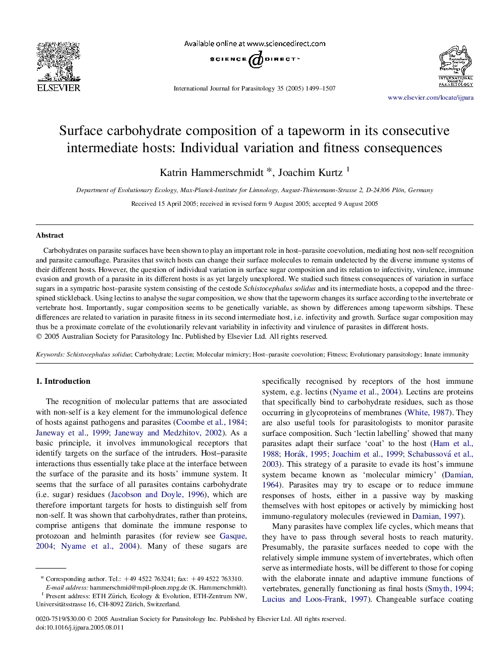 Surface carbohydrate composition of a tapeworm in its consecutive intermediate hosts: Individual variation and fitness consequences