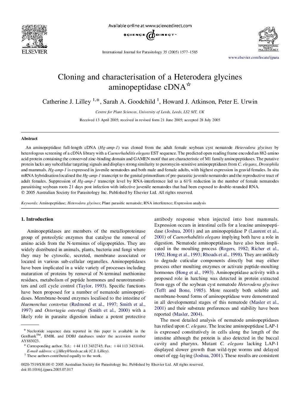 Cloning and characterisation of a Heterodera glycines aminopeptidase cDNA