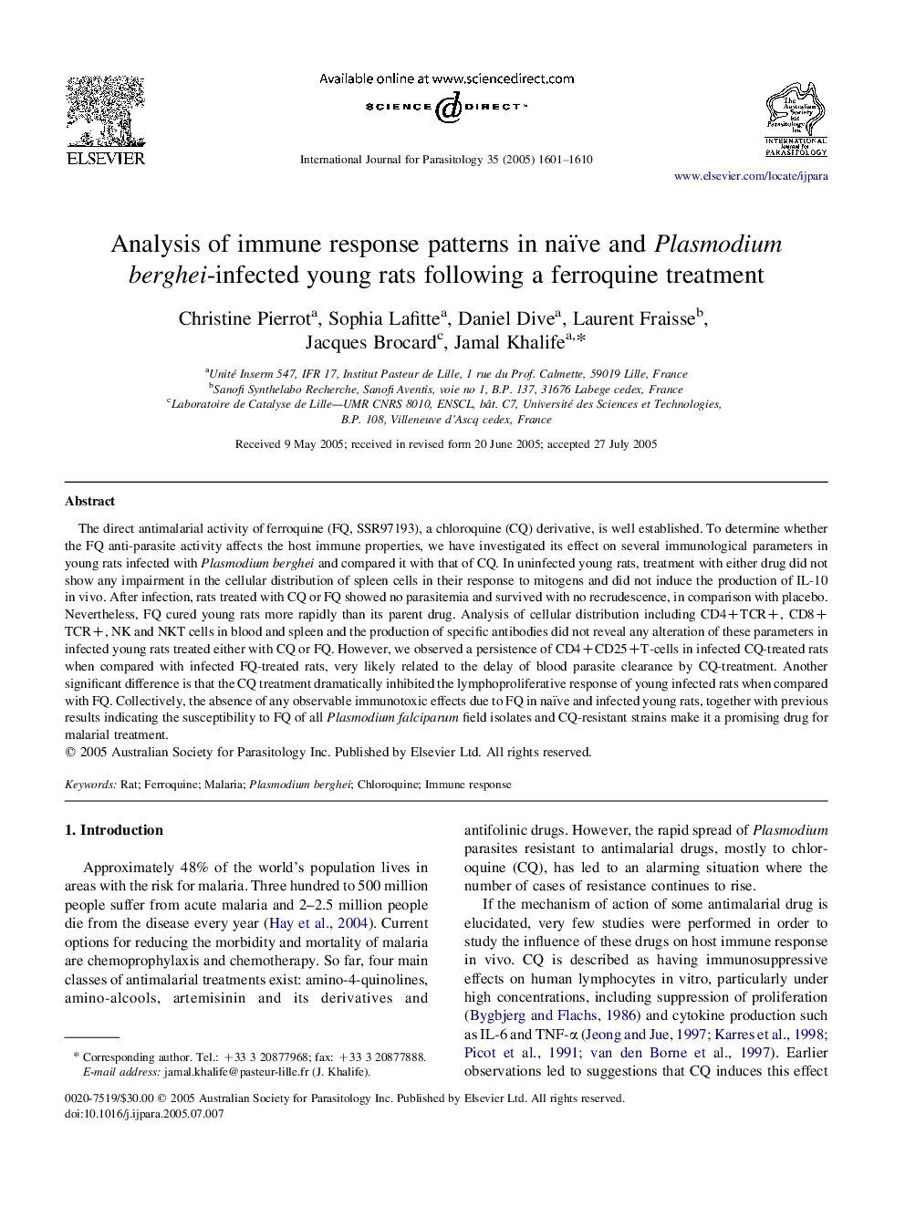 Analysis of immune response patterns in naïve and Plasmodium berghei-infected young rats following a ferroquine treatment