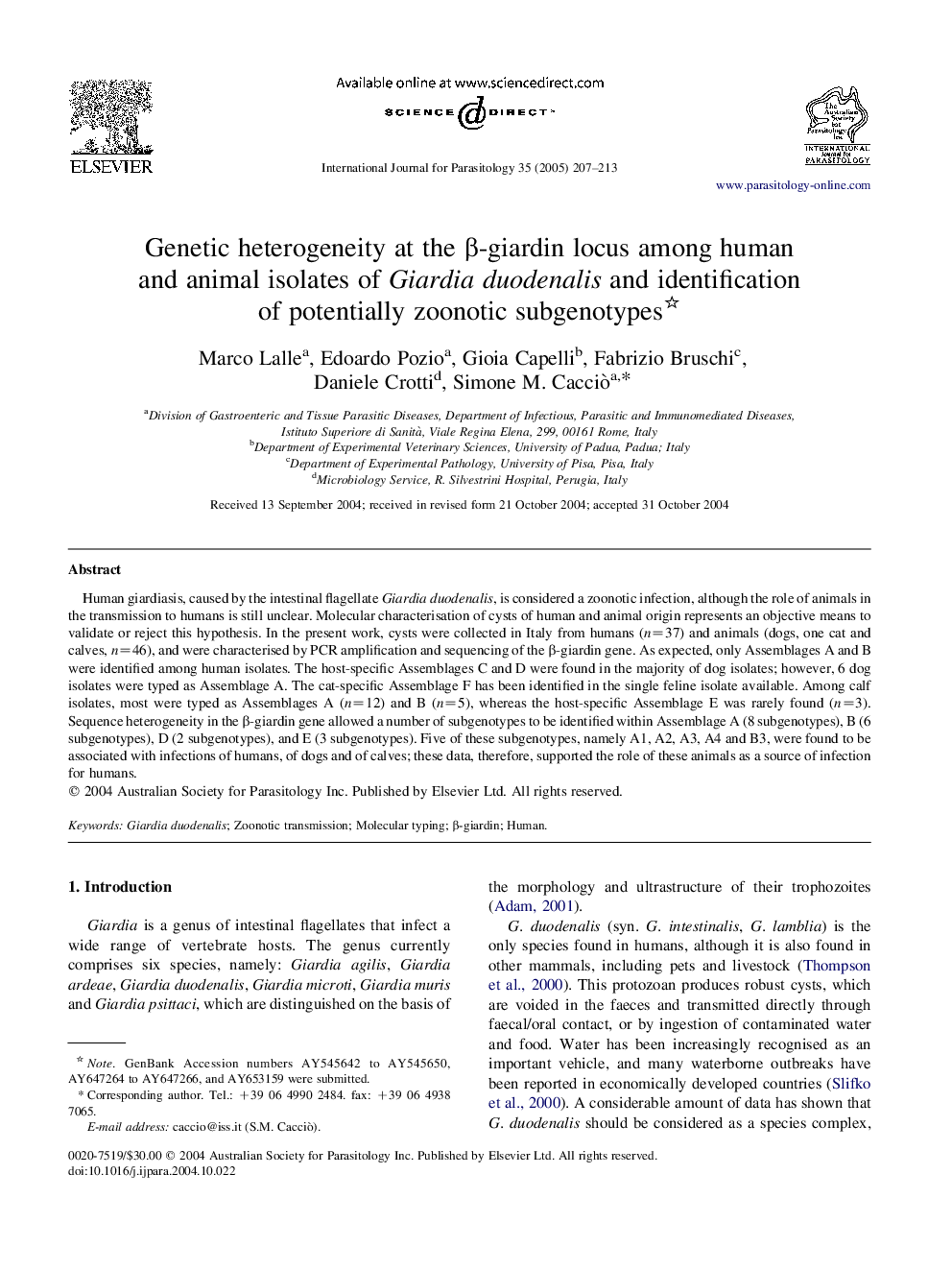Genetic heterogeneity at the Î²-giardin locus among human and animal isolates of Giardiaduodenalis and identification of potentially zoonotic subgenotypes