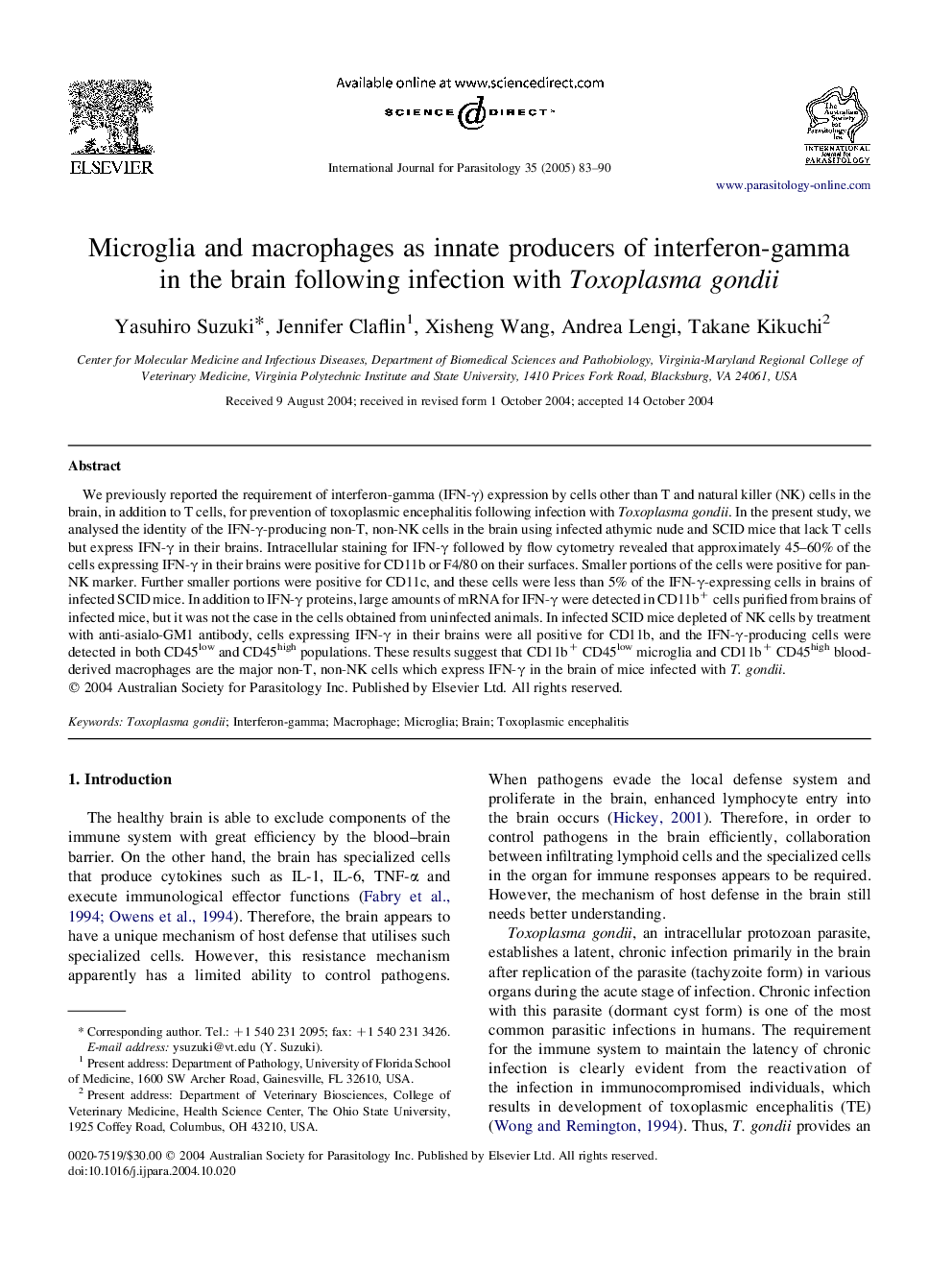 Microglia and macrophages as innate producers of interferon-gamma in the brain following infection with Toxoplasma gondii