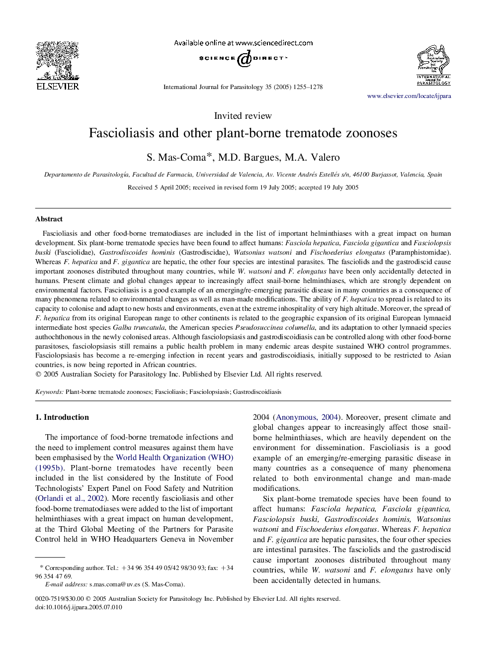 Fascioliasis and other plant-borne trematode zoonoses