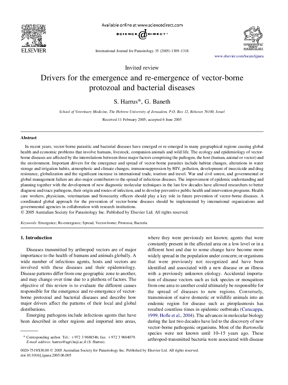 Drivers for the emergence and re-emergence of vector-borne protozoal and bacterial diseases