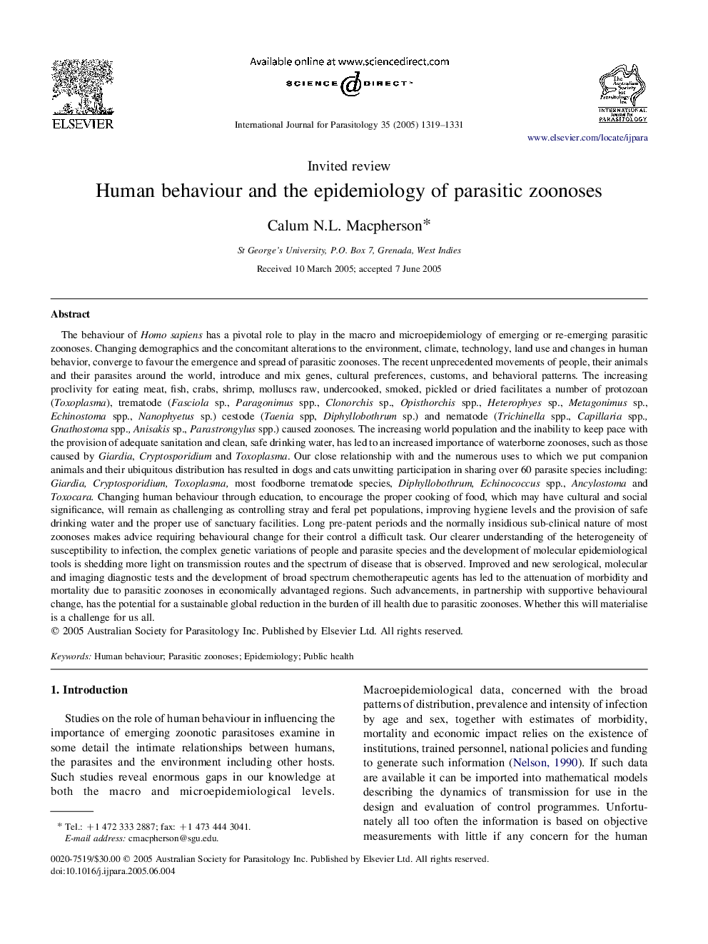 Human behaviour and the epidemiology of parasitic zoonoses