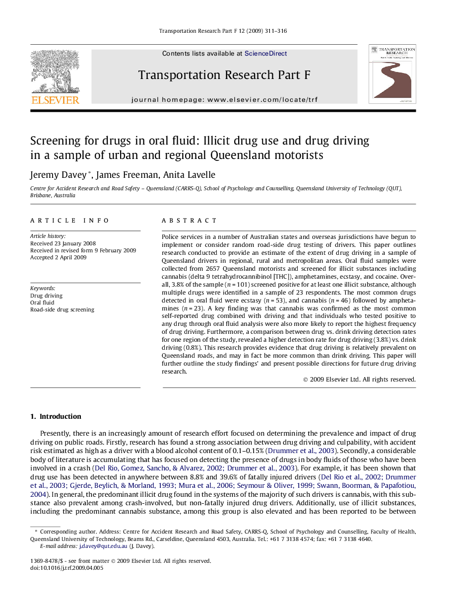 Screening for drugs in oral fluid: Illicit drug use and drug driving in a sample of urban and regional Queensland motorists