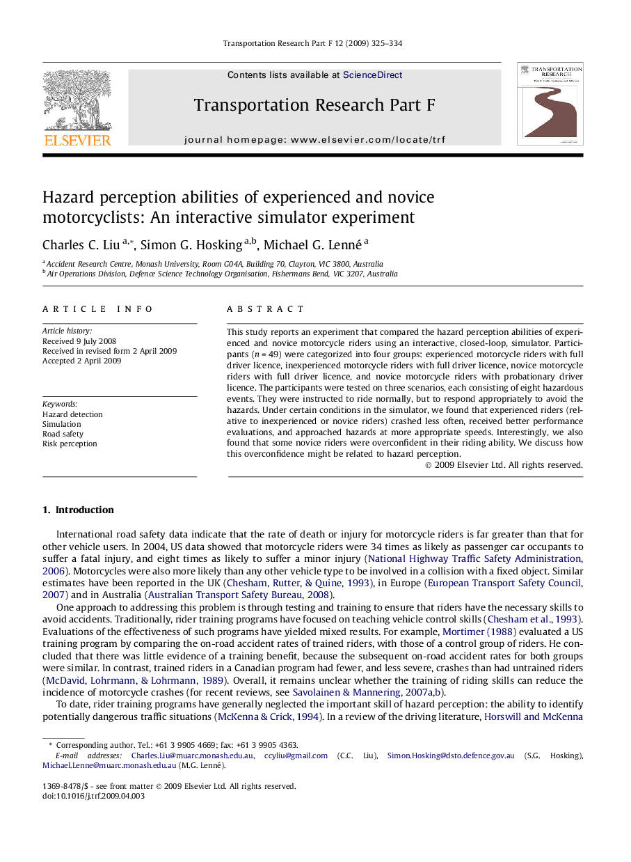 Hazard perception abilities of experienced and novice motorcyclists: An interactive simulator experiment