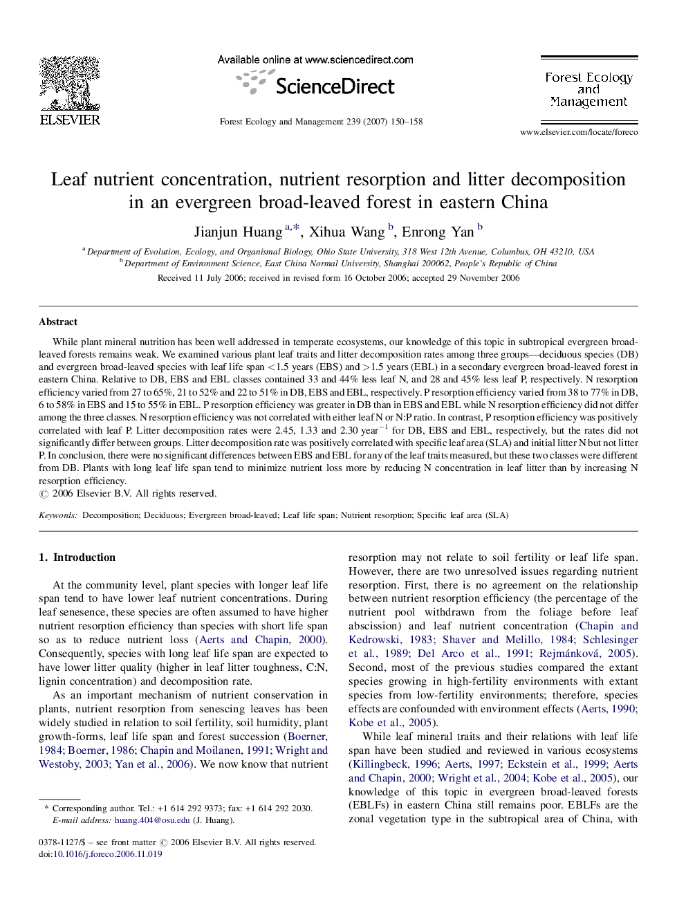 Leaf nutrient concentration, nutrient resorption and litter decomposition in an evergreen broad-leaved forest in eastern China