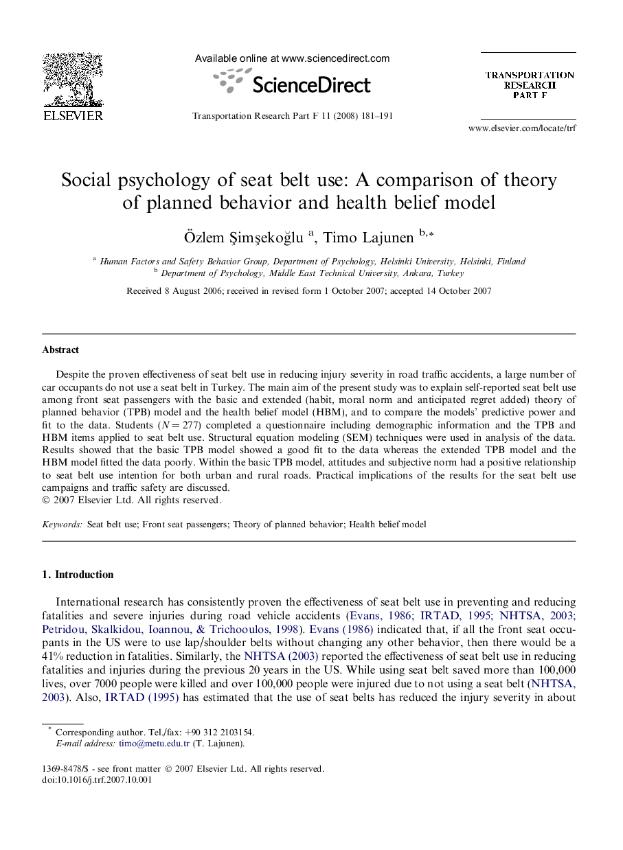 Social psychology of seat belt use: A comparison of theory of planned behavior and health belief model