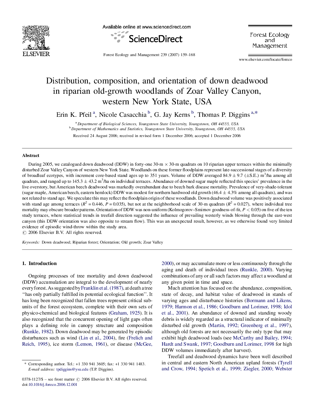 Distribution, composition, and orientation of down deadwood in riparian old-growth woodlands of Zoar Valley Canyon, western New York State, USA