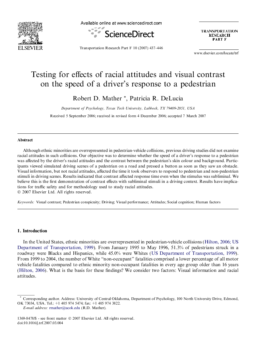 Testing for effects of racial attitudes and visual contrast on the speed of a driver’s response to a pedestrian