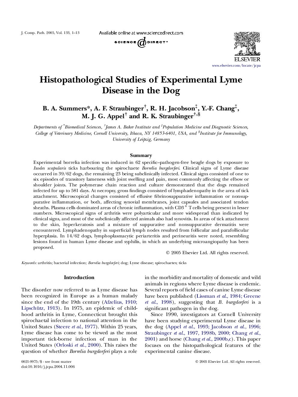 Histopathological Studies of Experimental Lyme Disease in the Dog