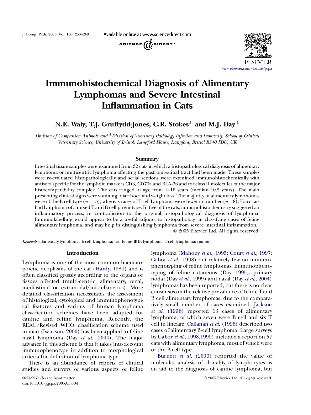 Immunohistochemical Diagnosis of Alimentary Lymphomas and Severe Intestinal Inflammation in Cats