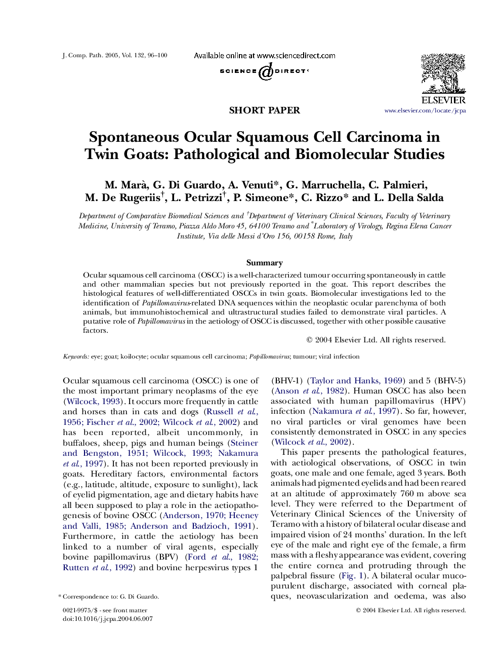 Spontaneous Ocular Squamous Cell Carcinoma in Twin Goats: Pathological and Biomolecular Studies