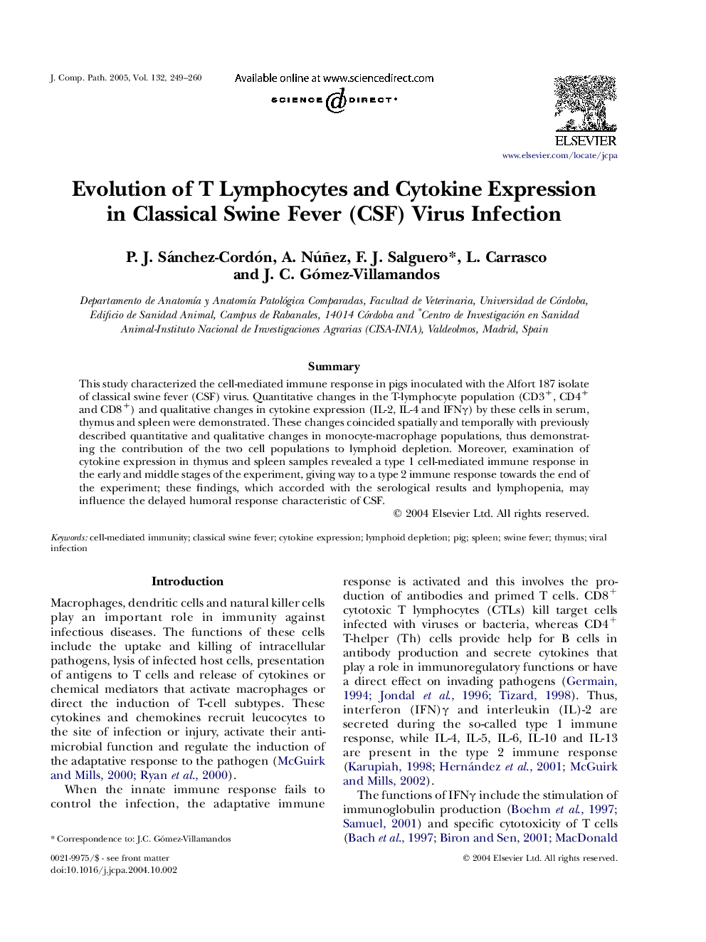 Evolution of T Lymphocytes and Cytokine Expression in Classical Swine Fever (CSF) Virus Infection