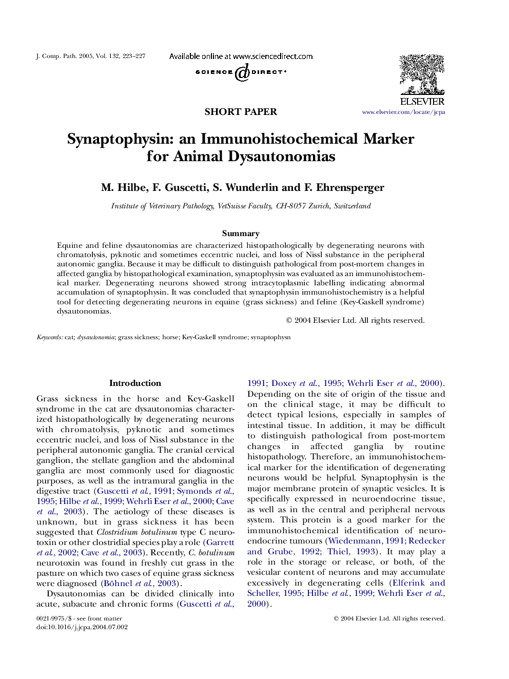 Synaptophysin: an Immunohistochemical Marker for Animal Dysautonomias