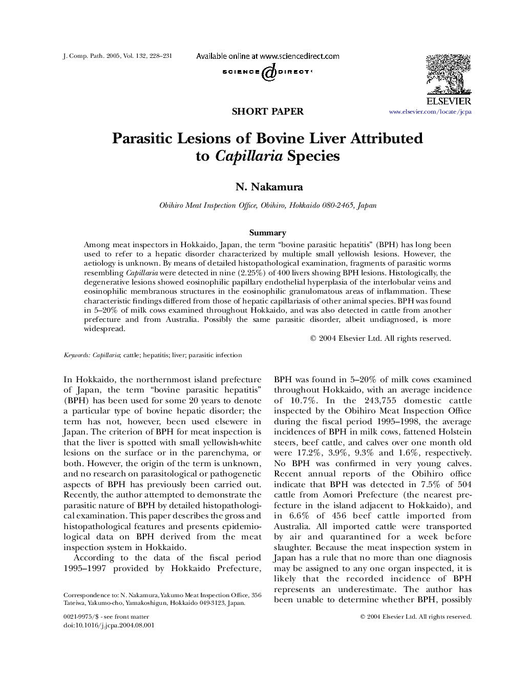 Parasitic Lesions of Bovine Liver Attributed to Capillaria Species