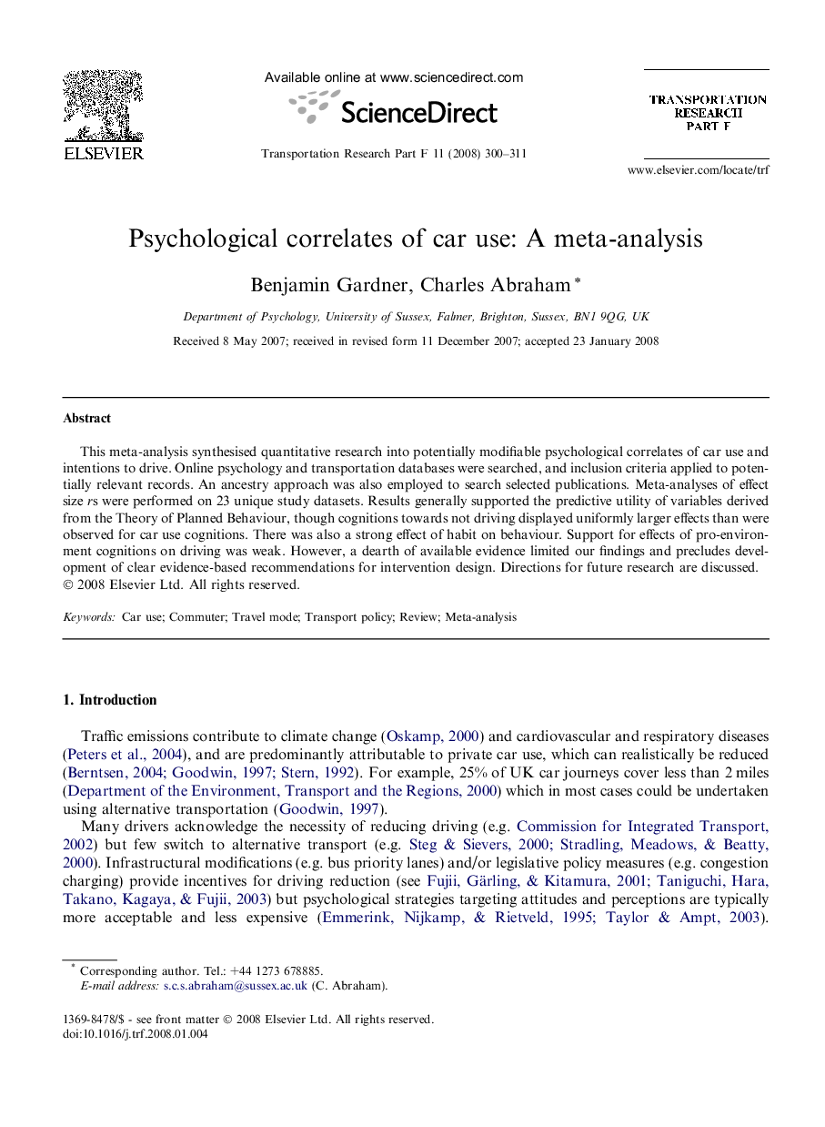 Psychological correlates of car use: A meta-analysis