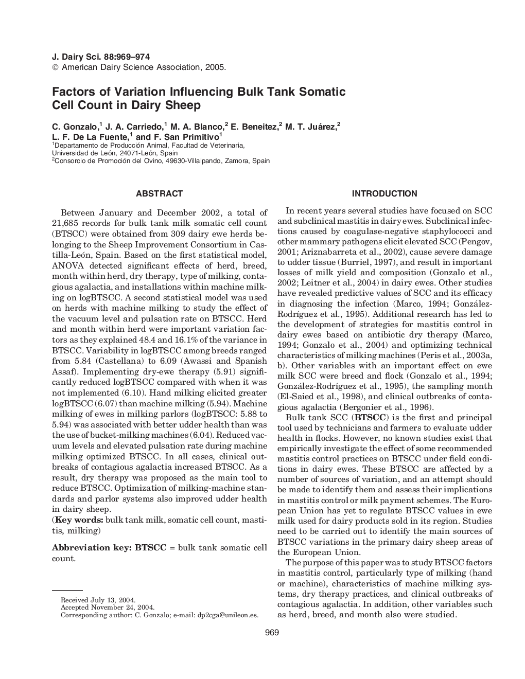 Factors of Variation Influencing Bulk Tank Somatic Cell Count in Dairy Sheep