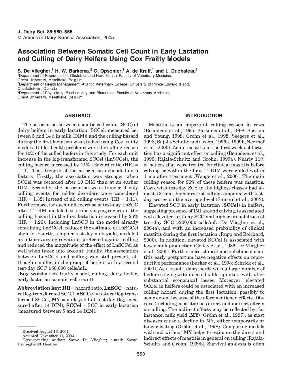 Association Between Somatic Cell Count in Early Lactation and Culling of Dairy Heifers Using Cox Frailty Models