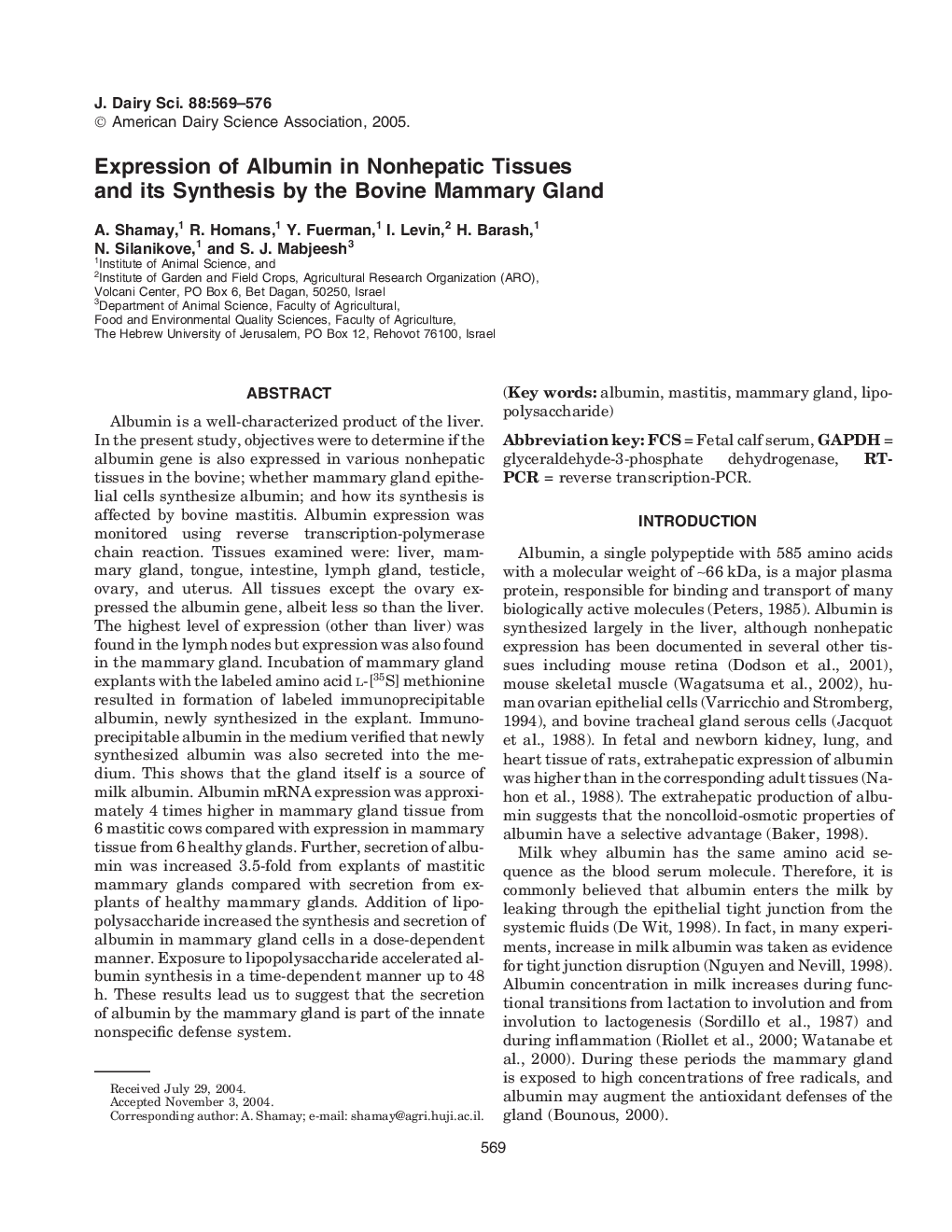 Expression of Albumin in Nonhepatic Tissues and its Synthesis by the Bovine Mammary Gland