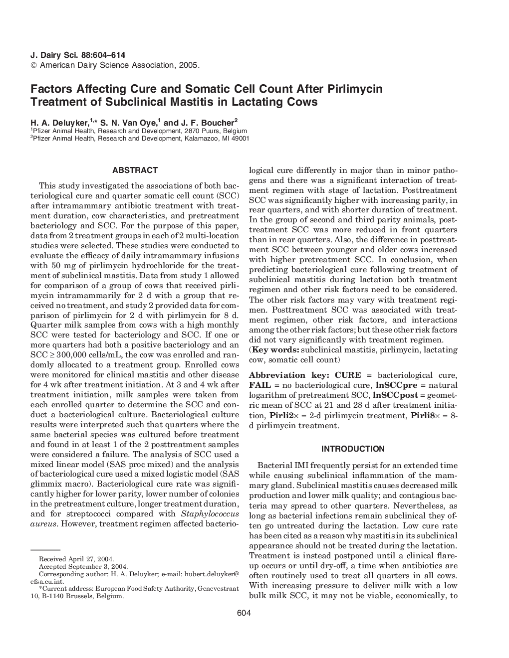 Factors Affecting Cure and Somatic Cell Count After Pirlimycin Treatment of Subclinical Mastitis in Lactating Cows