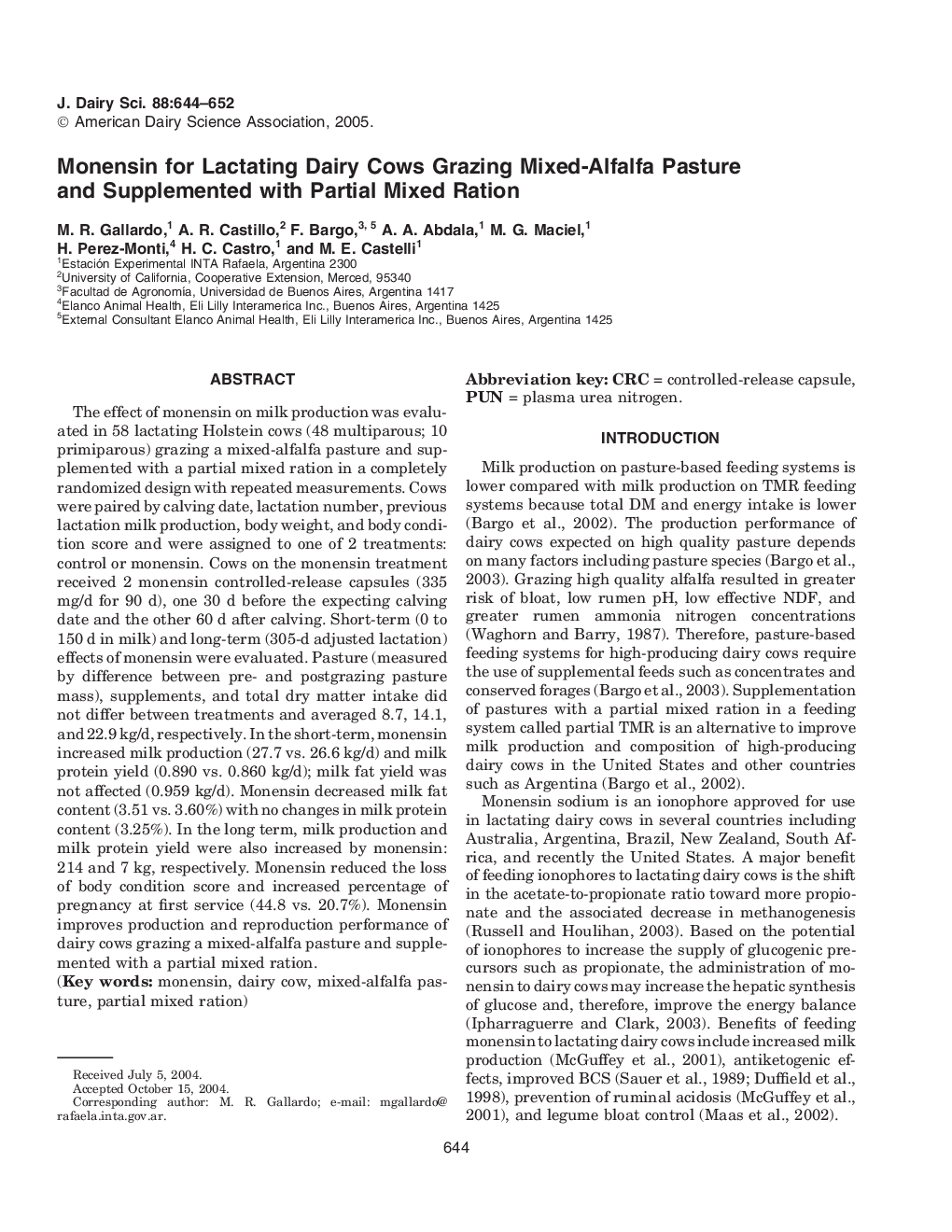 Monensin for Lactating Dairy Cows Grazing Mixed-Alfalfa Pasture and Supplemented with Partial Mixed Ration