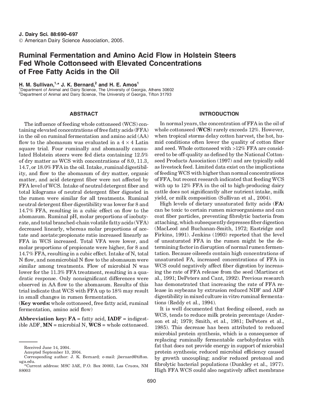 Ruminal Fermentation and Amino Acid Flow in Holstein Steers Fed Whole Cottonseed with Elevated Concentrations of Free Fatty Acids in the Oil