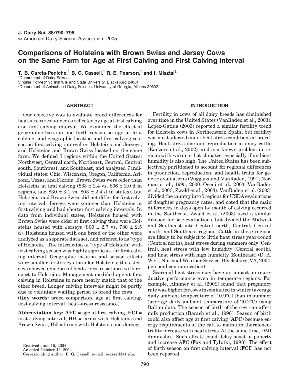 Comparisons of Holsteins with Brown Swiss and Jersey Cows on the Same Farm for Age at First Calving and First Calving Interval