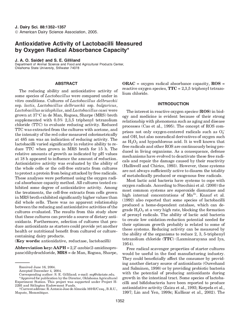 Antioxidative Activity of Lactobacilli Measured by Oxygen Radical Absorbance Capacity*