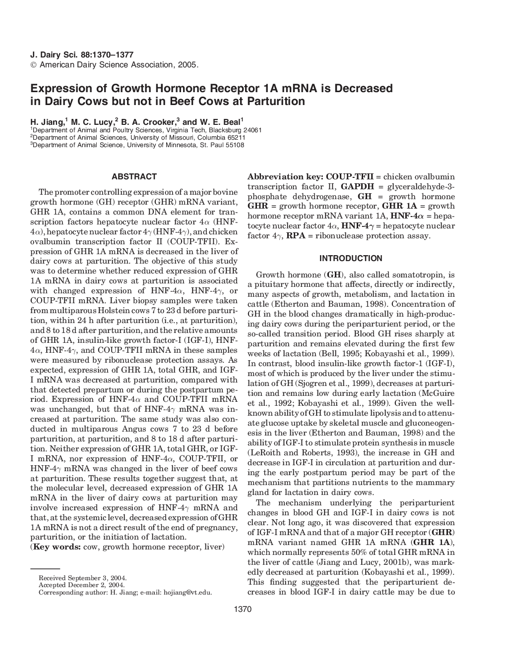 Expression of Growth Hormone Receptor 1A mRNA is Decreased in Dairy Cows but not in Beef Cows at Parturition