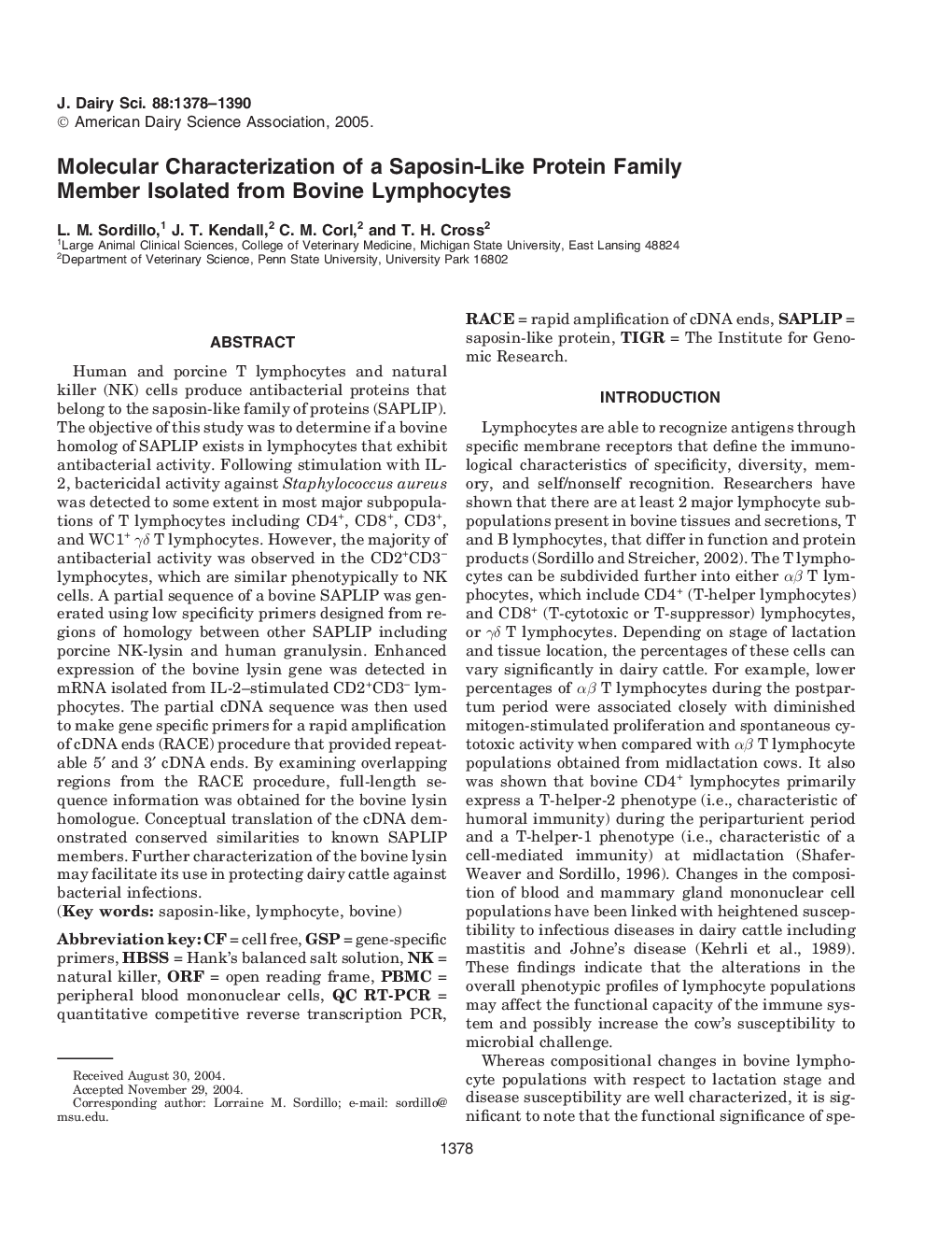 عکس صفحه اول مقاله: Molecular Characterization of a Saposin-Like Protein Family Member Isolated from Bovine Lymphocytes Molecular Characterization of a Saposin-Like Protein Family Member Isolated from Bovine Lymphocytes