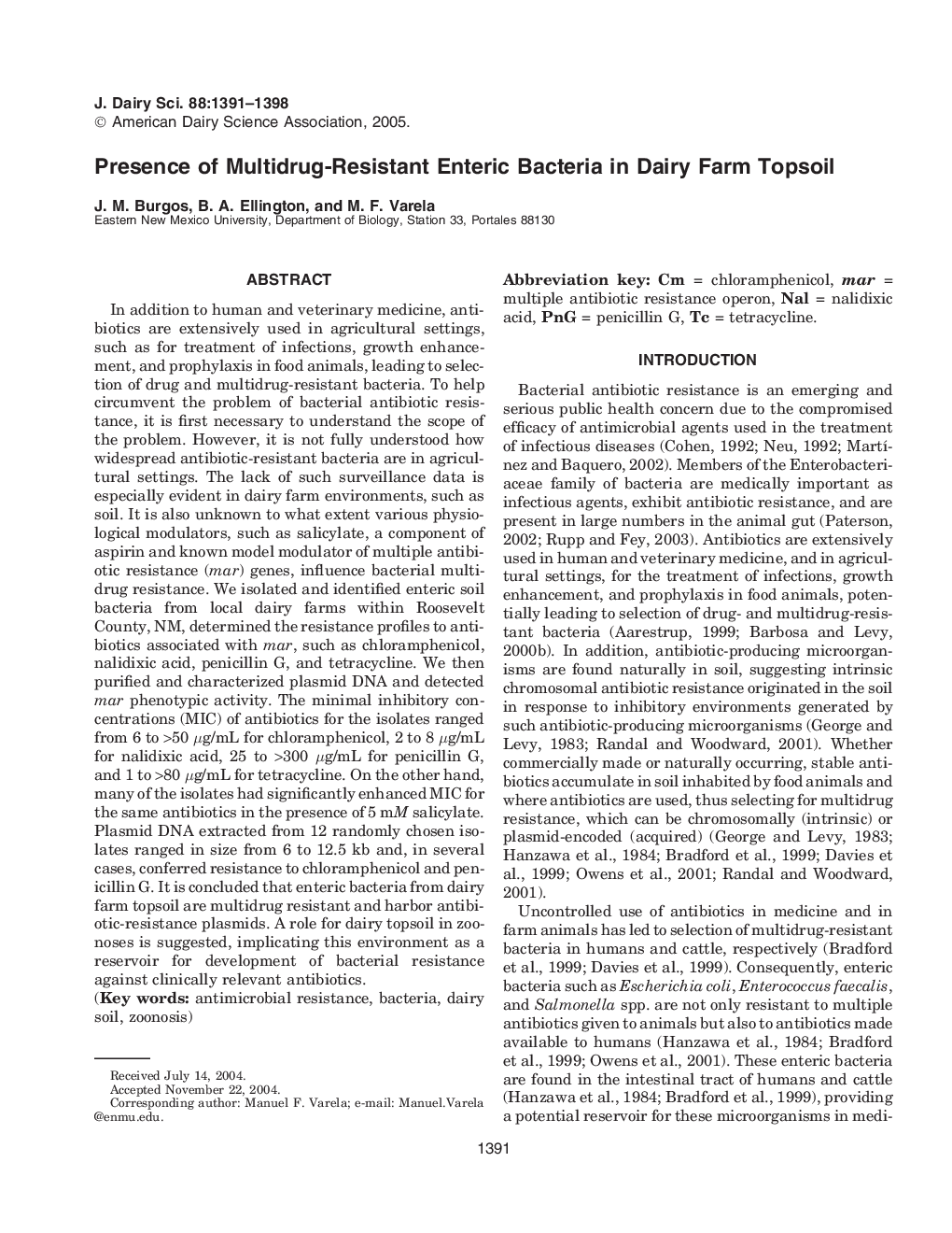 Presence of Multidrug-Resistant Enteric Bacteria in Dairy Farm Topsoil