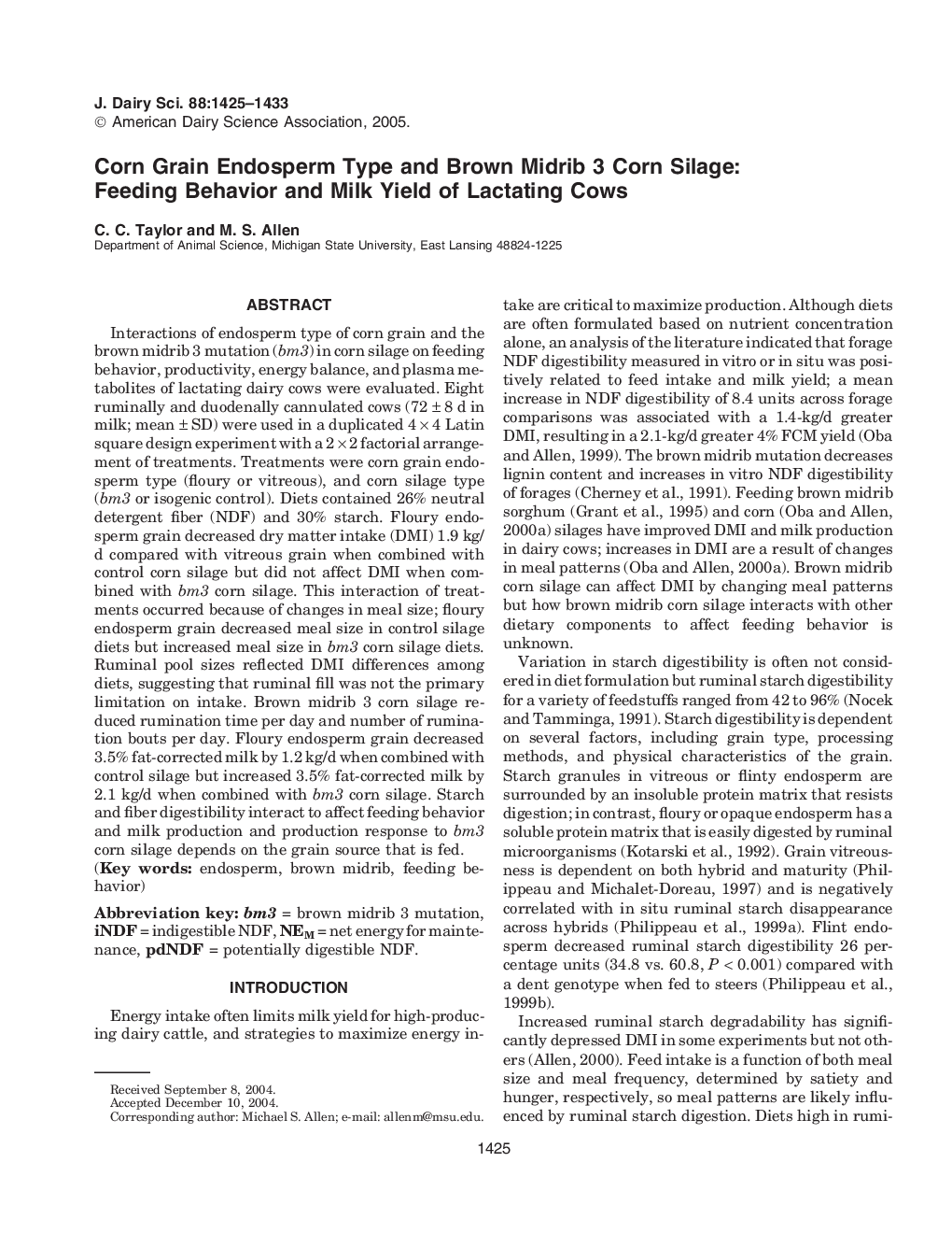 Corn Grain Endosperm Type and Brown Midrib 3 Corn Silage: Feeding Behavior and Milk Yield of Lactating Cows