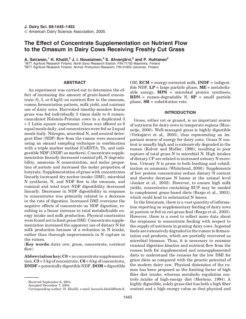 The Effect of Concentrate Supplementation on Nutrient Flow to the Omasum in Dairy Cows Receiving Freshly Cut Grass