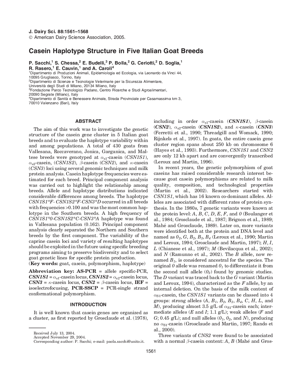 Casein Haplotype Structure in Five Italian Goat Breeds