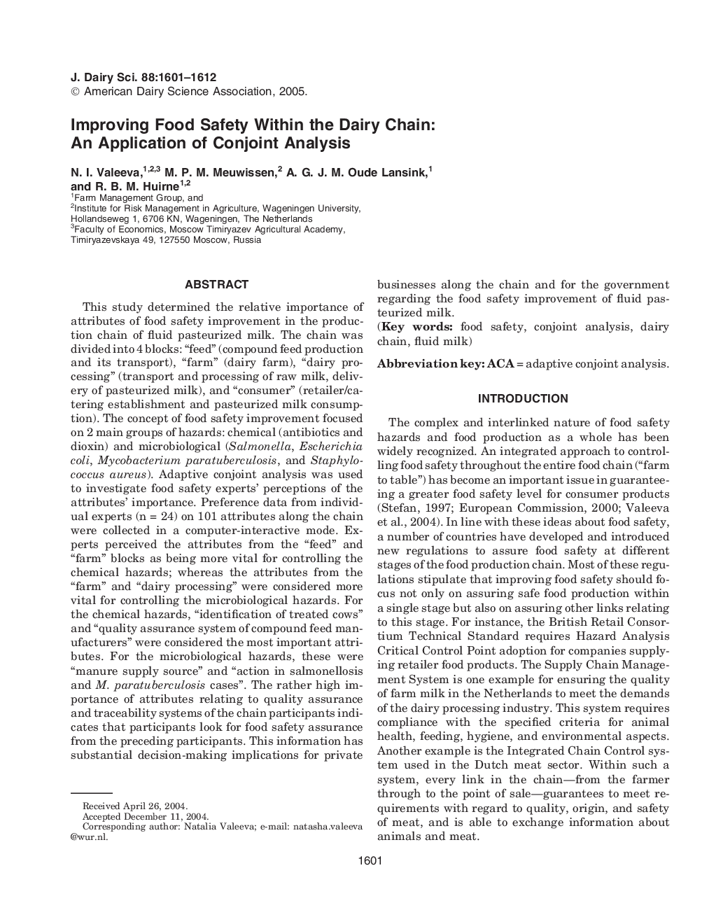 عکس صفحه اول مقاله: Improving Food Safety Within the Dairy Chain: An Application of Conjoint Analysis Improving Food Safety Within the Dairy Chain: An Application of Conjoint Analysis