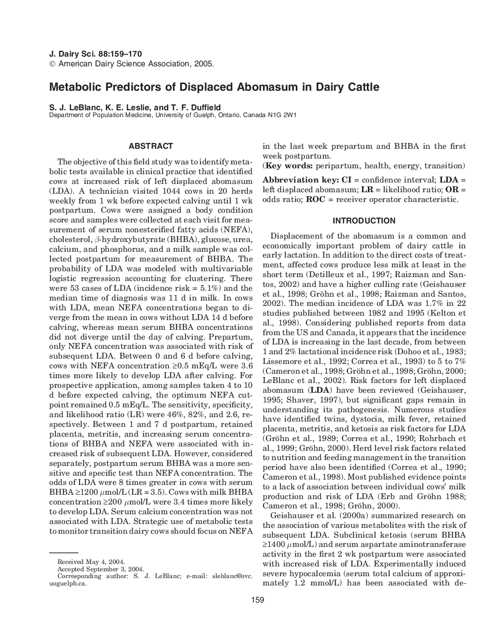 Metabolic Predictors of Displaced Abomasum in Dairy Cattle