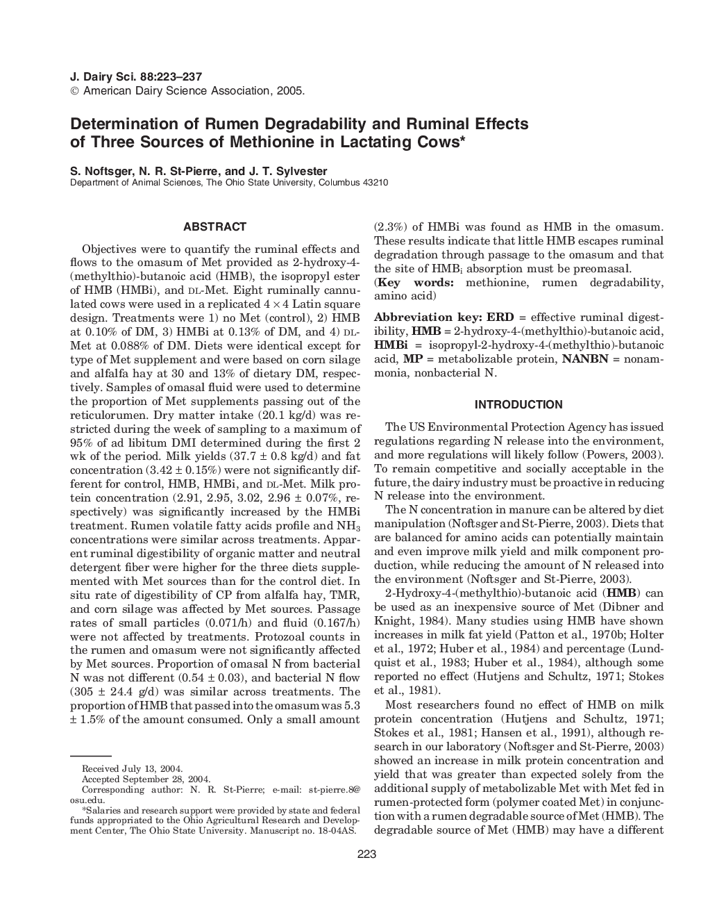 Determination of Rumen Degradability and Ruminal Effects of Three Sources of Methionine in Lactating Cows*