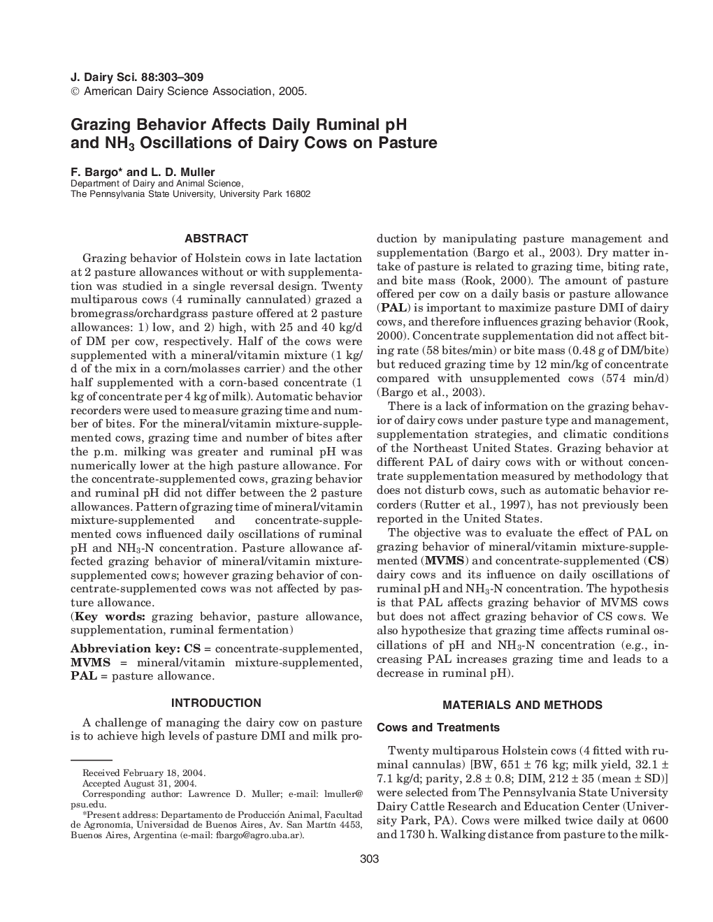 Grazing Behavior Affects Daily Ruminal pH and NH3 Oscillations of Dairy Cows on Pasture