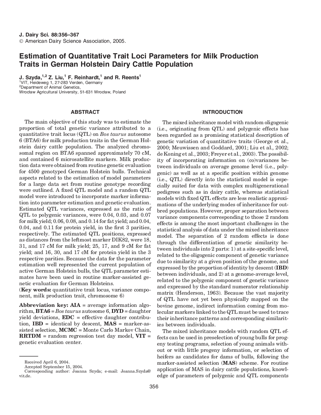 Estimation of Quantitative Trait Loci Parameters for Milk Production Traits in German Holstein Dairy Cattle Population