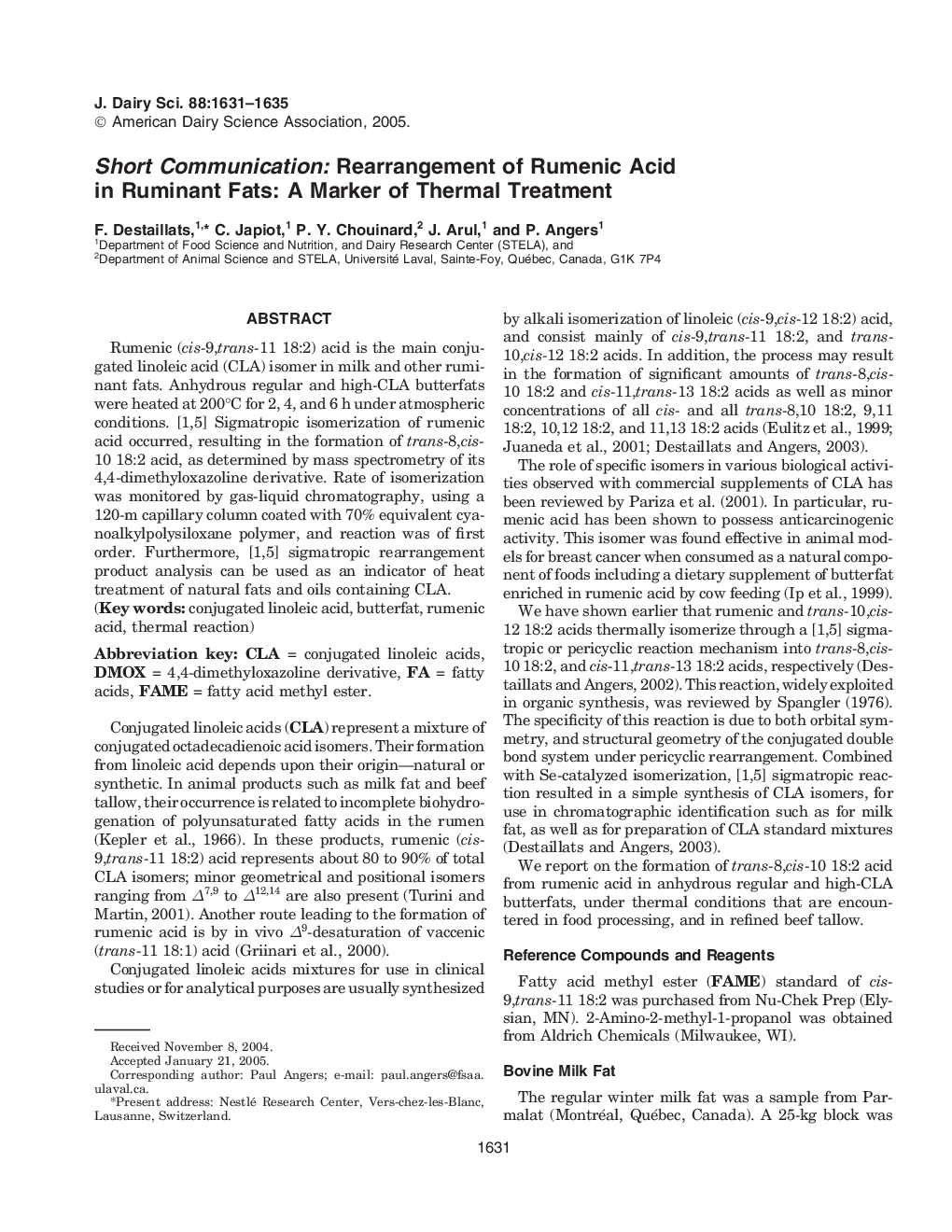 Short Communication: Rearrangement of Rumenic Acid in Ruminant Fats: A Marker of Thermal Treatment