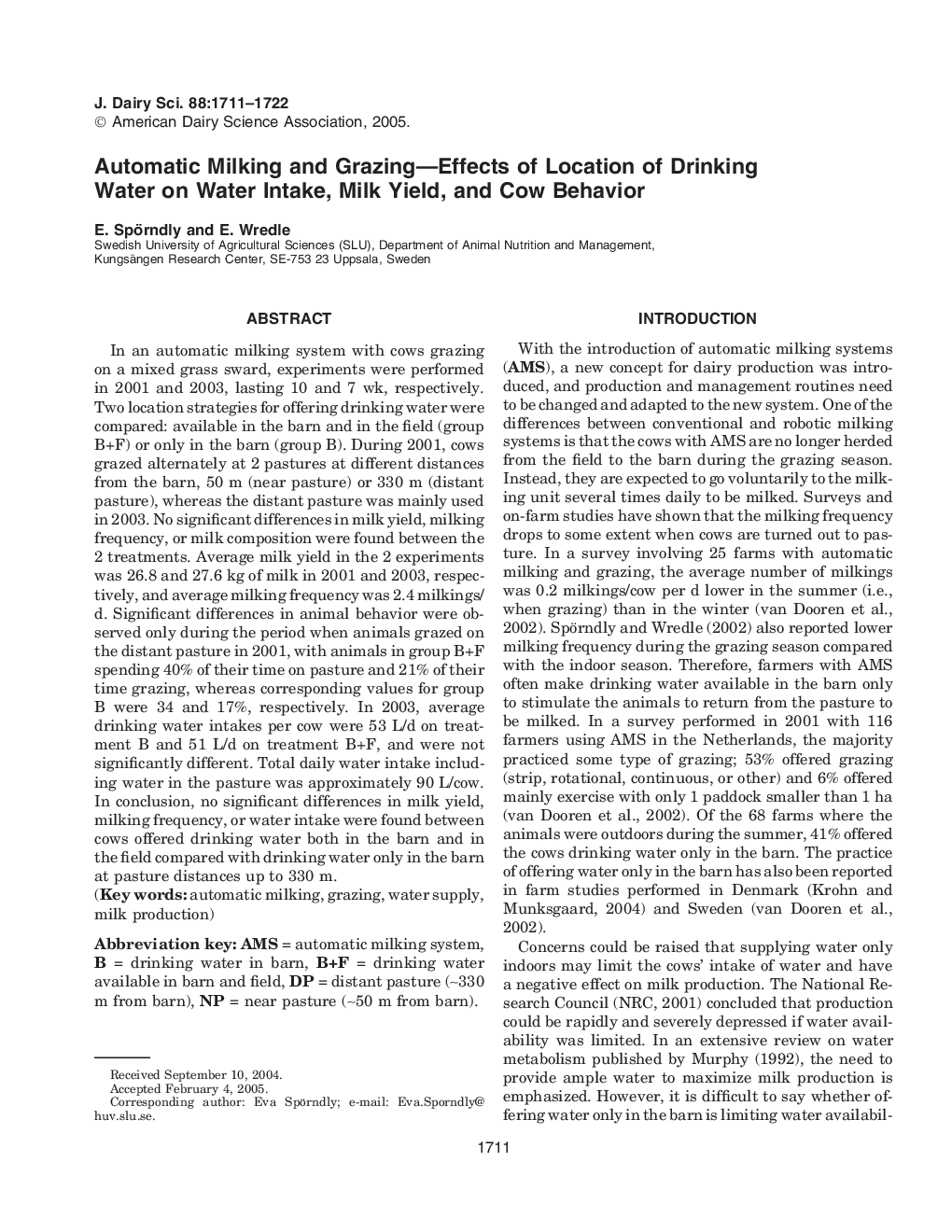 Automatic Milking and Grazing-Effects of Location of Drinking Water on Water Intake, Milk Yield, and Cow Behavior